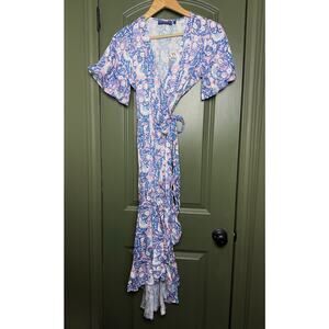 NWT Ro's Garden Bonnie Modal Midi Wrap Ruffle Floral Dress Pink Francesca XS